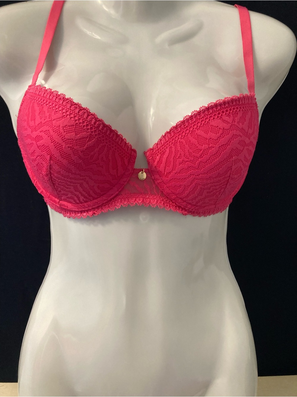 Hot Pink Lace Push-Up Bra Mesh Back Underwire Lingerie Medium